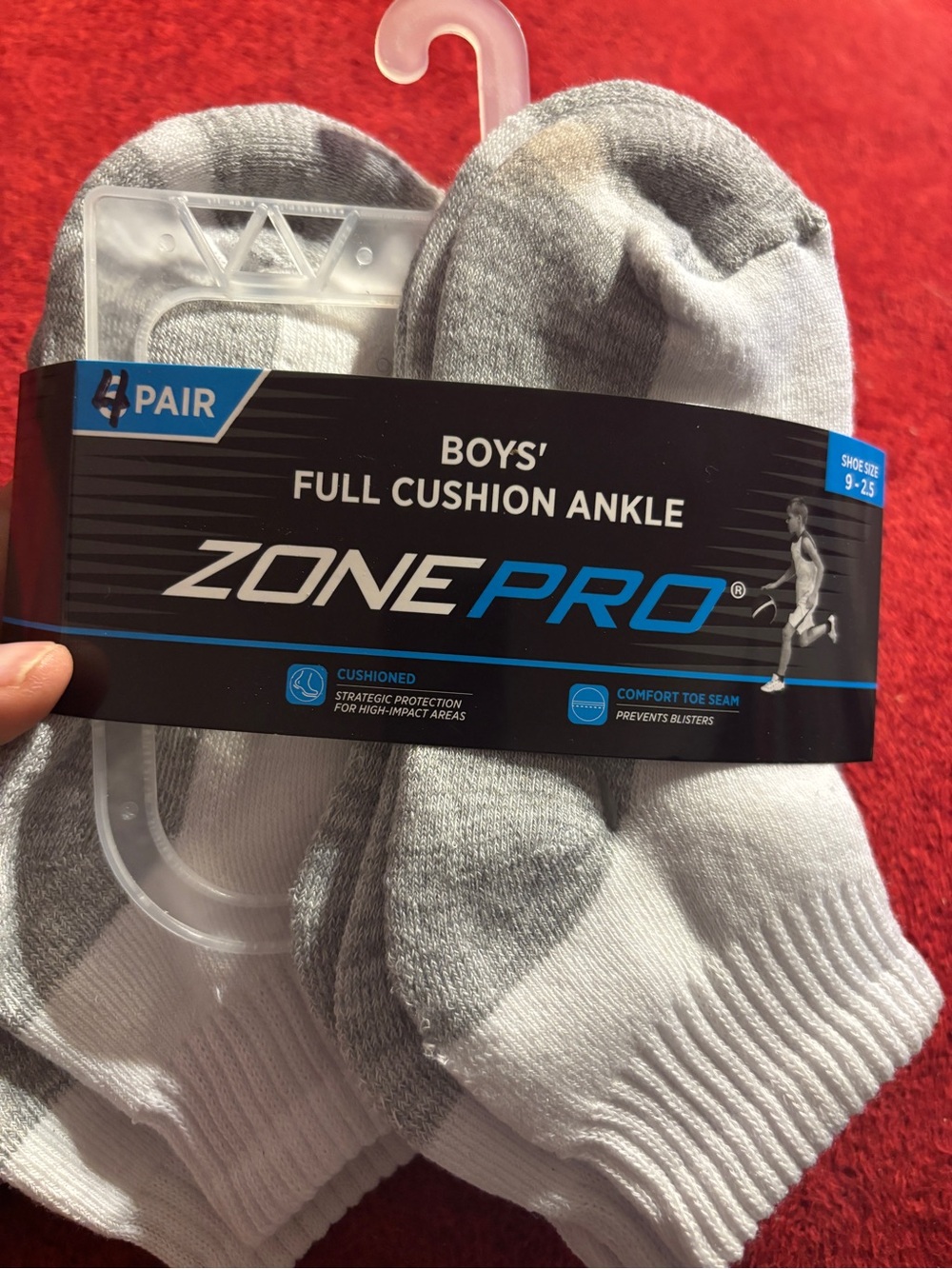 Zone Pro Boys' Full Cushion Ankle Socks - White & Gray (4 Pair) shoe size 9-2.5